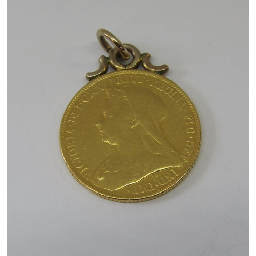 884 - Sovereign dated 1899 with soldered pendant fitting, 8.5g