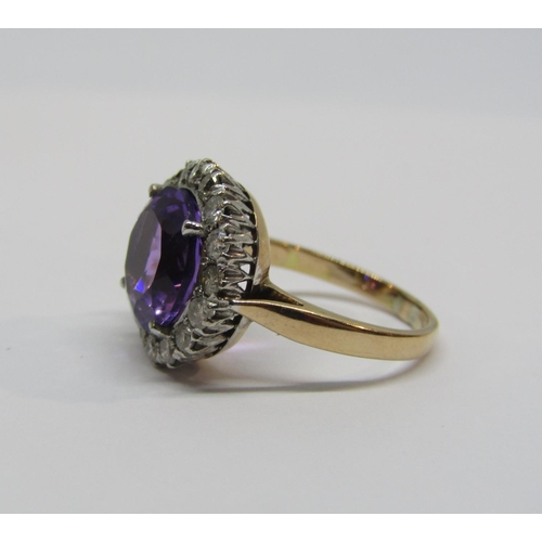 936 - Amethyst and diamond halo cluster ring, size I/J, 4.2g