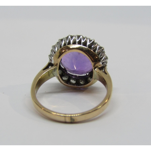 936 - Amethyst and diamond halo cluster ring, size I/J, 4.2g