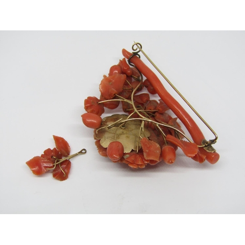 953 - Victorian yellow metal coral brooch ornately carved in the form of a floral bouquet, with detachable... 