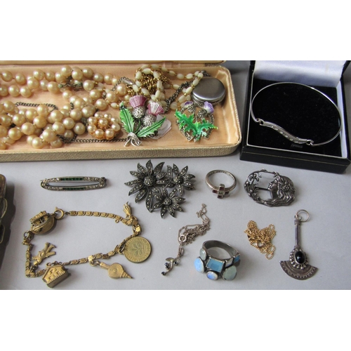 985 - Costume jewellery to include an antique style posy ring inscribed 'Where hearts agree God will be', ... 