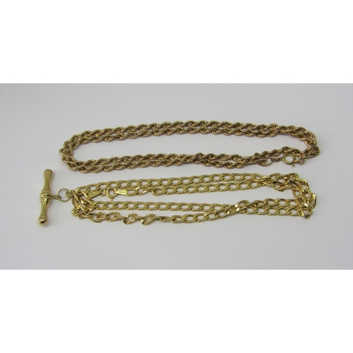 894 - 9ct rope twist necklace and a further 9ct flat curb link necklace with T-bar pendant, 9.7g total (2)