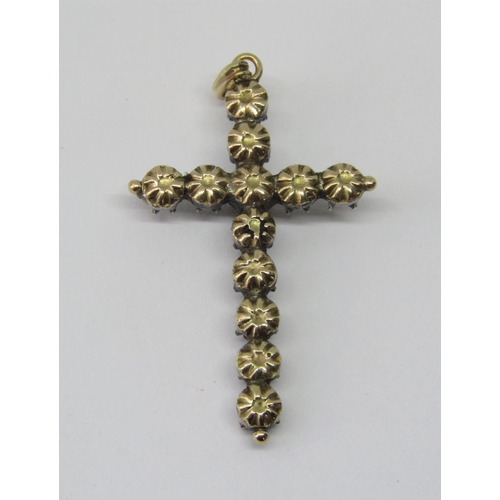 895 - French 19th century diamond cross pendant, in unmarked silver and gold, 3.6g