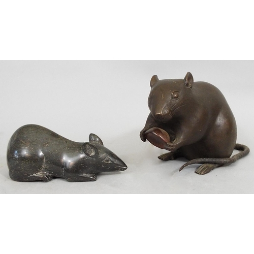 104 - Five models of rats, two in bronze, soapstone, etc, 10cm max