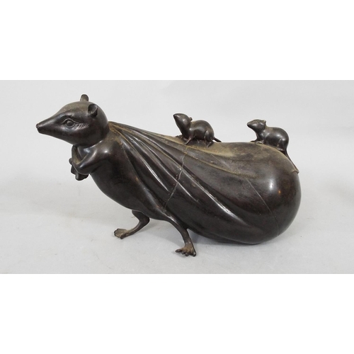 105 - A collection of five oriental bronzes, one of a rat upon a fruit, another of rats scrabbling around ... 