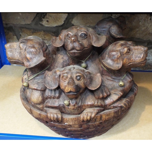 41 - Solid carved hardwood group, five puppies in a basket, 40 cm in height