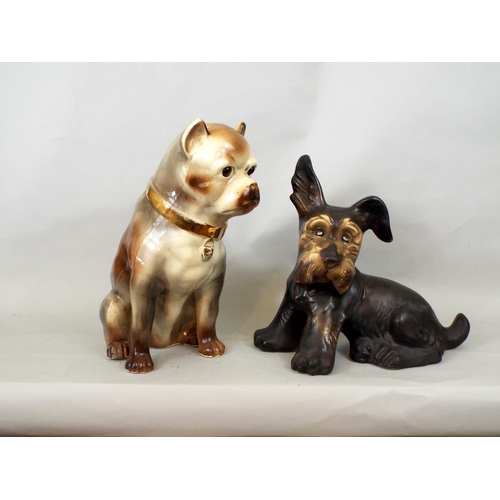 83 - A collection of five dogs including an Italian pottery figure of a Pomeranian, Scottie Dog, etc, to ... 