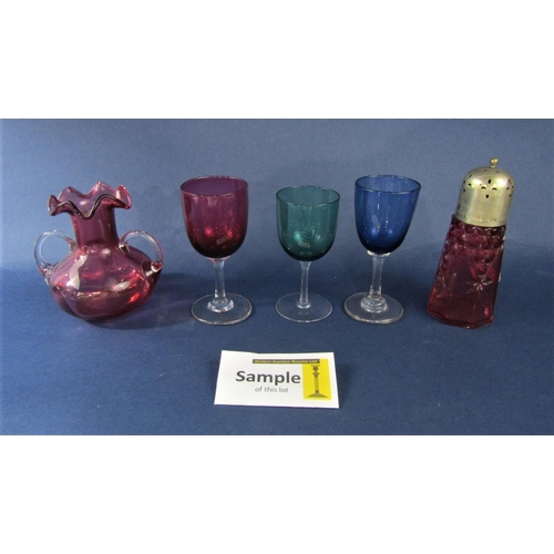 1160 - A collection of antique coloured glasses and goblets to include six cranberry, two blue, seven green... 