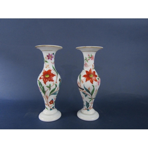 1161 - Good quality pair of 19th century opaline baluster flared vases, hand painted with tropical birds on... 