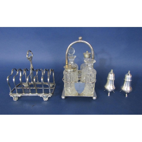 1186 - Silver plated hob nail cut glass four bottle cruet together with a further pair of salt and peppers ... 