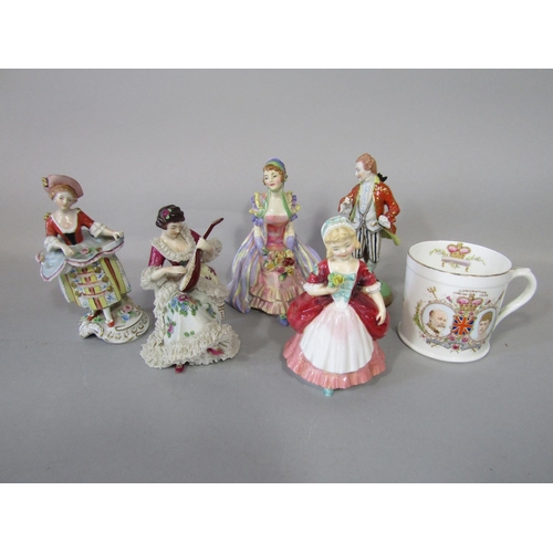 1084 - Two Royal Doulton figures of Cynthia HN1686 and Valerie HN2107, three continental figures of 18th ce... 