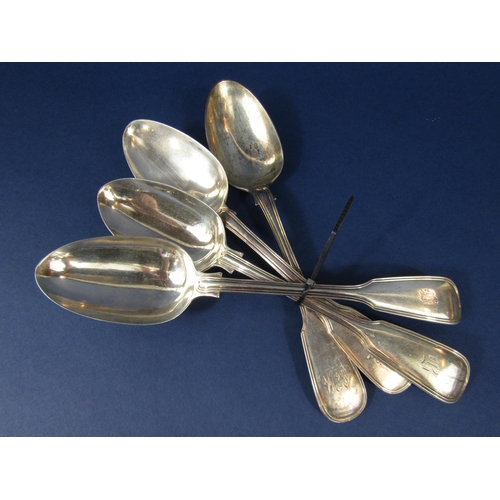 1219 - Matched set of four fiddle thread silver table spoons, Georgian and later, various makers, 11.6 oz a... 