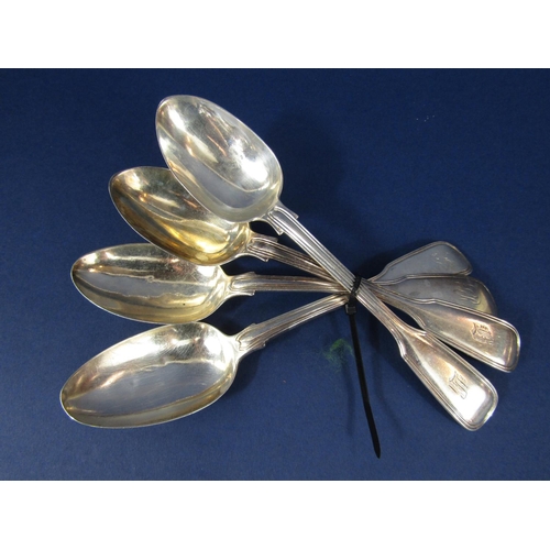 1222 - Matched set of four fiddle and thread silver dessert spoons, various makers and dates, 6.5 oz approx