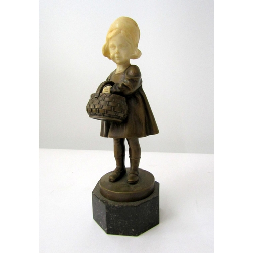 391 - Art Deco style figurine of a young girl with wicker basket raised on an octagonal base, bronze, alab... 