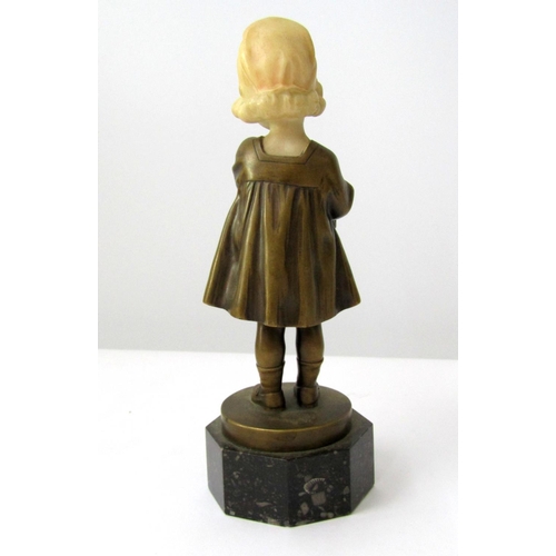 391 - Art Deco style figurine of a young girl with wicker basket raised on an octagonal base, bronze, alab... 