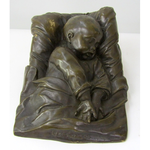 393 - Cast bronze study of a sleeping child propped up on pillows.  Le Sommeil. 28cm