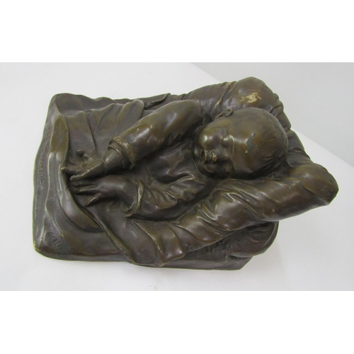 393 - Cast bronze study of a sleeping child propped up on pillows.  Le Sommeil. 28cm