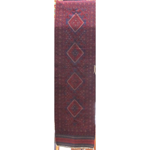 1796 - Mashwari runner with repeating medallion decoration in red and blue, 240 x 60cm