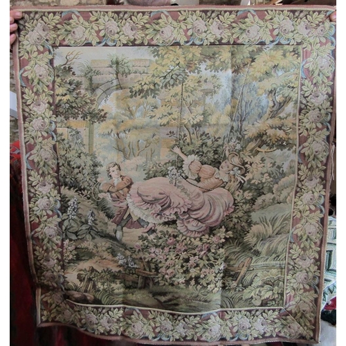 1805 - A Belgian type tapestry of romantic scene with girl on a swing and her suitor standing by, 85 x 80cm