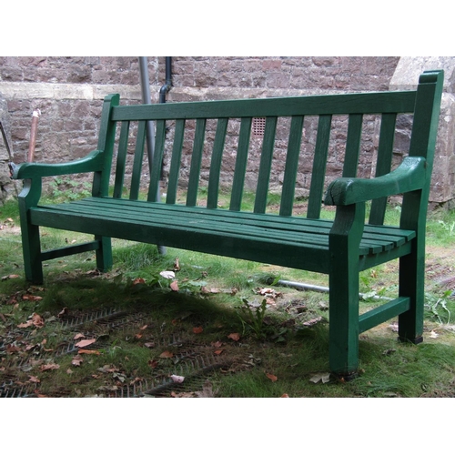 2062a - A substantial teak/possibly oak green painted garden bench with slatted seat and back, 2 metres long