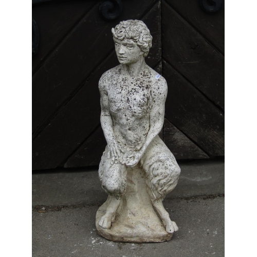 2079 - A partially weathered contemporary cast composition stone garden figure of pan in seated pose and cl... 