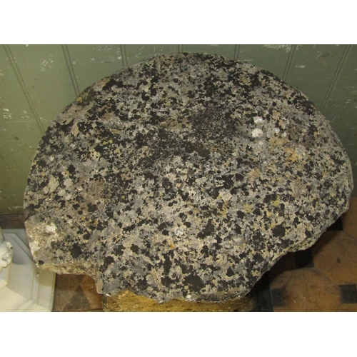 2105 - Two similar weathered natural stone staddle stone bases, one supporting a cap (AF), 70 cm high appro... 