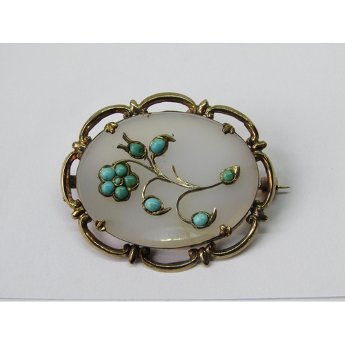 1304 - Victorian chalcedony and cabochon turquoise brooch of floral design, with scalloped yellow metal fra... 