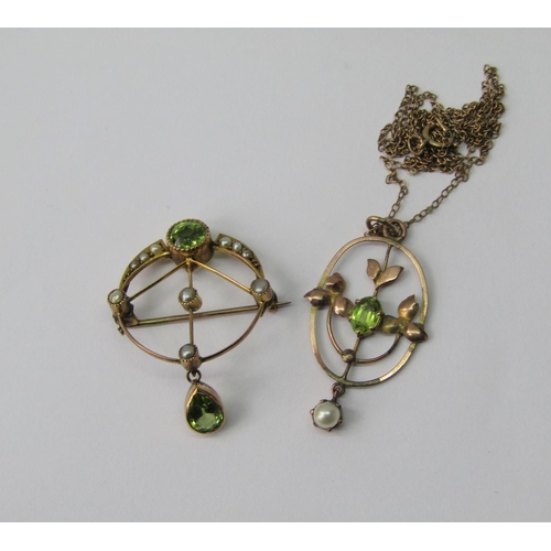 1305 - Edwardian 9ct chrysoprase and seed pearl brooch with articulated pear cut drop, together with a furt... 