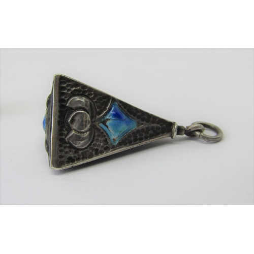 1342 - Arts & Crafts pyramid shaped pendant with embossed, hammered and turquoise enamelled decoration (ena... 