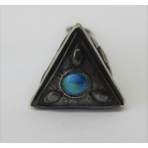 1342 - Arts & Crafts pyramid shaped pendant with embossed, hammered and turquoise enamelled decoration (ena... 