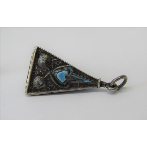 1342 - Arts & Crafts pyramid shaped pendant with embossed, hammered and turquoise enamelled decoration (ena... 