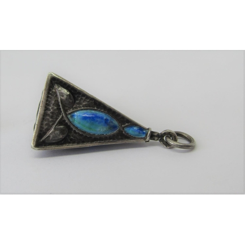 1342 - Arts & Crafts pyramid shaped pendant with embossed, hammered and turquoise enamelled decoration (ena... 