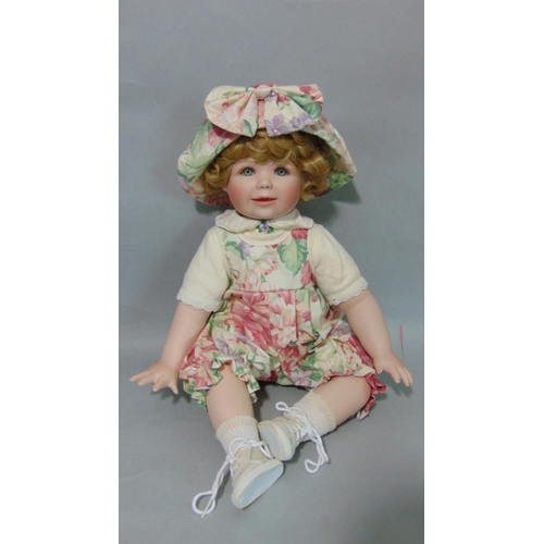 64 - 5 reproduction bisque head dolls with cloth bodies and ceramic lower limbs. Includes Jillian, Amelia... 