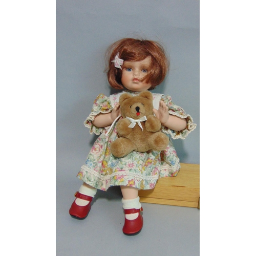 64 - 5 reproduction bisque head dolls with cloth bodies and ceramic lower limbs. Includes Jillian, Amelia... 