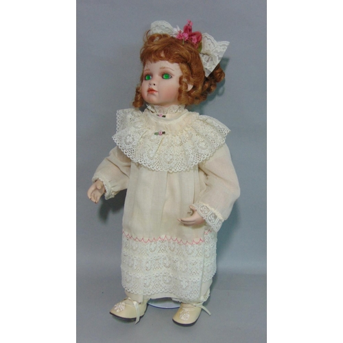 64 - 5 reproduction bisque head dolls with cloth bodies and ceramic lower limbs. Includes Jillian, Amelia... 