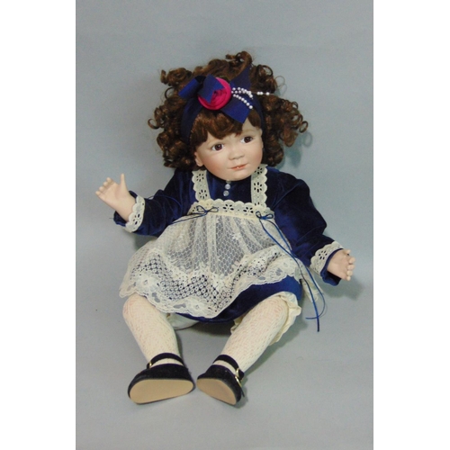 64 - 5 reproduction bisque head dolls with cloth bodies and ceramic lower limbs. Includes Jillian, Amelia... 