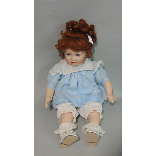 64 - 5 reproduction bisque head dolls with cloth bodies and ceramic lower limbs. Includes Jillian, Amelia... 