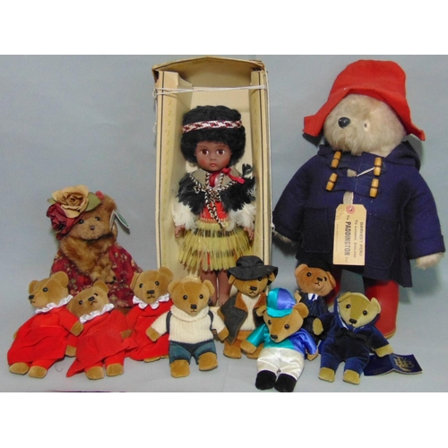 65 - Mixed toy collection including Paddington bear (1 eye missing) with blue duffle coat, red hat, Dunlo... 