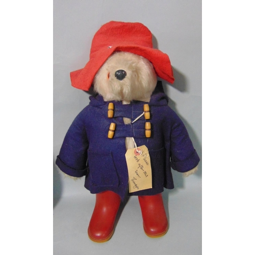 65 - Mixed toy collection including Paddington bear (1 eye missing) with blue duffle coat, red hat, Dunlo... 