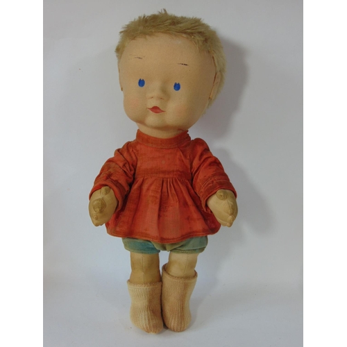 78 - A rare fabric doll by Merrythought 1930's, with large felt covered head, short blonde hair and paint... 