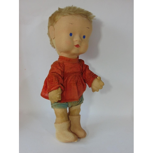 78 - A rare fabric doll by Merrythought 1930's, with large felt covered head, short blonde hair and paint... 