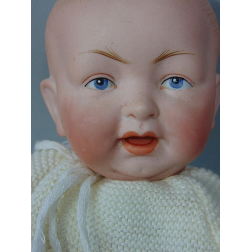 86 - Early bisque socket head character baby boy doll by Kestner, with kid body and kid upper legs, joint... 