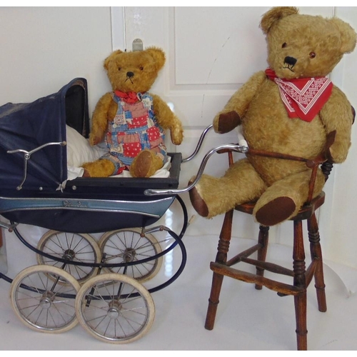 68 - 2 large vintage teddy bears with a wooden high chair and Silver Cross dolls pram; bears have golden ... 