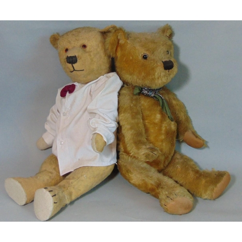 72 - 2 old bears; 1930's teddy bear, probably Chiltern with worn fur, straw stuffing, small glass eyes cl... 