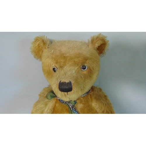 72 - 2 old bears; 1930's teddy bear, probably Chiltern with worn fur, straw stuffing, small glass eyes cl... 