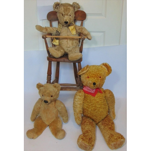 74 - 3 vintage teddy bears all with stitched mouth and nose and glass eyes, together with a wooden high c... 