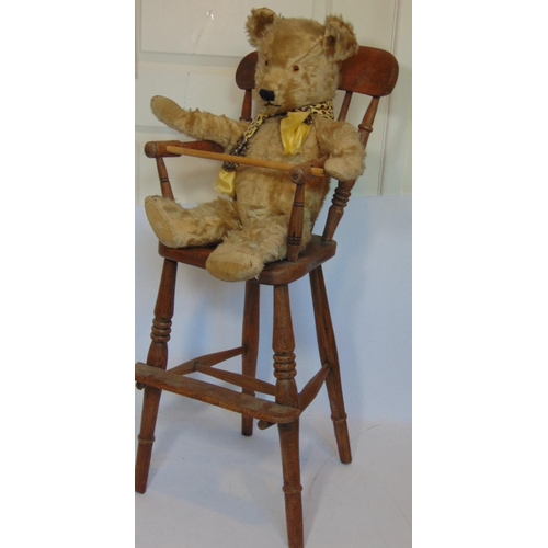 74 - 3 vintage teddy bears all with stitched mouth and nose and glass eyes, together with a wooden high c... 