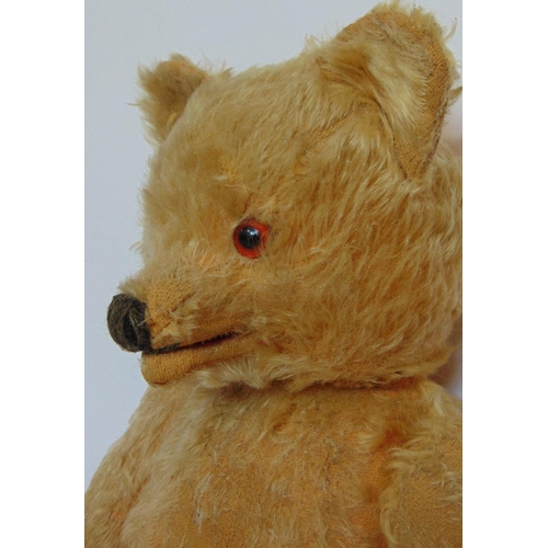 74 - 3 vintage teddy bears all with stitched mouth and nose and glass eyes, together with a wooden high c... 