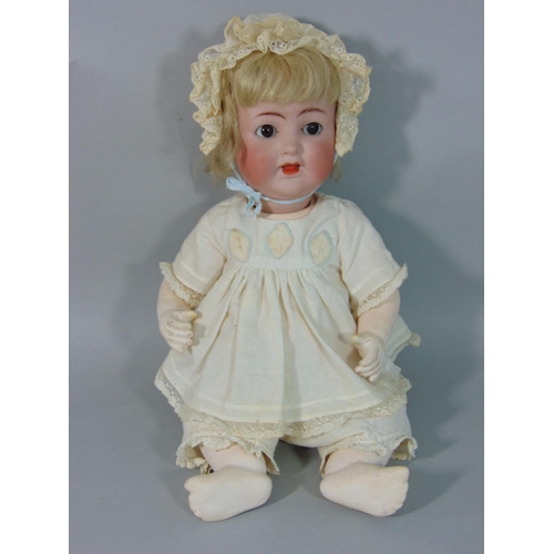 104 - Alt Beck & Gottschalck bisque head baby doll, with sleeping brown eyes and open mouth with two top t... 