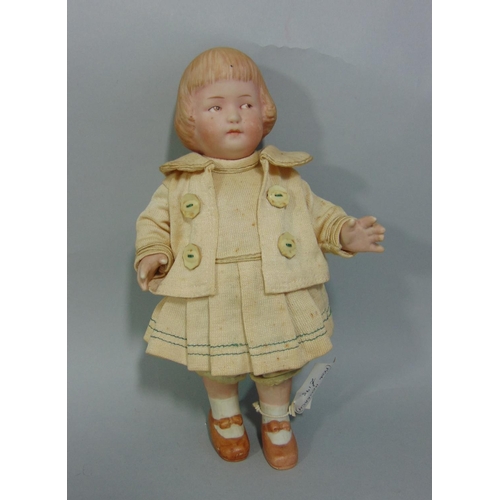 91 - A small German all-bisque doll, unmarked, probably by Gebruder Heubach, with jointed 5 piece body, p... 